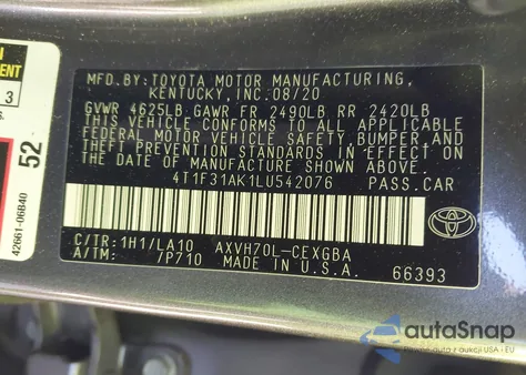 2020 Toyota Camry Xle Hybrid from USA, damaged, VIN 4T1F31AK1LU542076